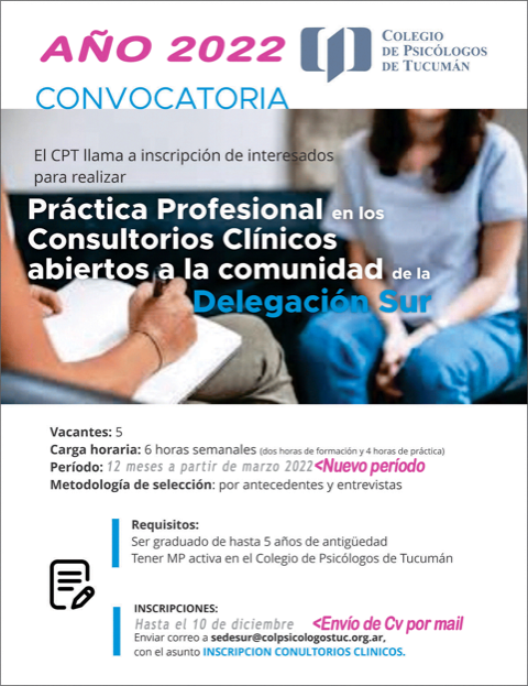 Delegación del Sur llama a inscripción para realizar práctica profesional en los consultorios clínicos abiertos a la comunidad