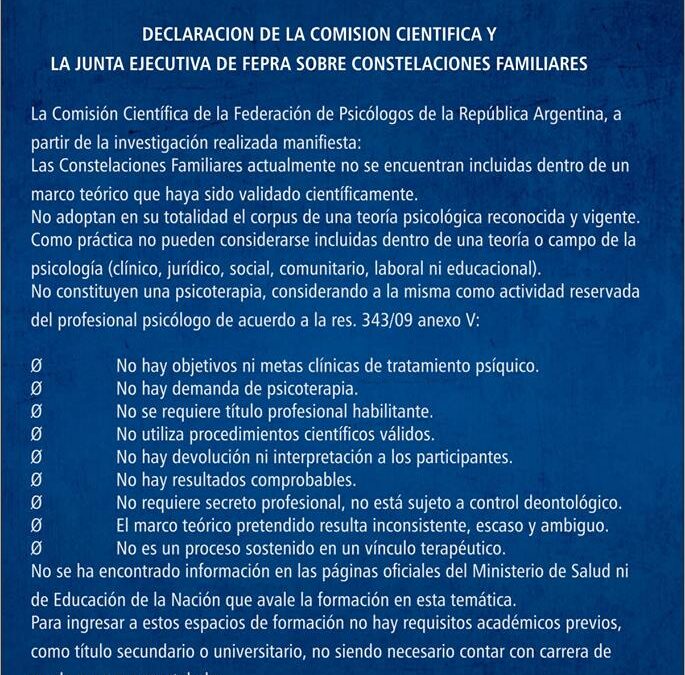 El colegio  de psicólogos de Tucumán mantiene adhesión a la resolución de la comisión científica de Fepra sobre las constelaciones.